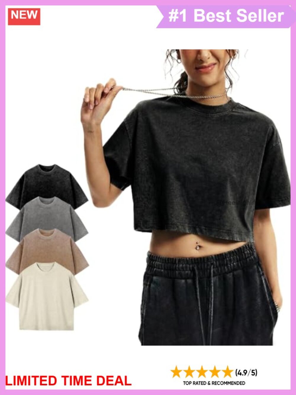Women's Cropped T-Shirt 100% Cotton Acid Wash Short Sleeve Crew Neck